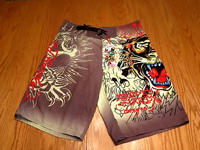 Ed Hardy Board Shorts Swim Trunks Pray For Surf Vibrant Tiger Men's Size 33 NWT • $28.95