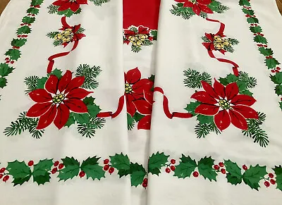 $10.95 • Buy Vintage 1950's Christmas Tablecloth~Colorful Red/Green Poinsettia Bells~45 X50 