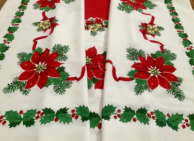 $10.95 • Buy Vintage 1950's Christmas Tablecloth~Colorful Red/Green Poinsettia Bells~45 X50 