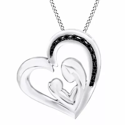 Natural Round Diamond Accents Mother & Baby Heart Pendant 18  Necklace Silver • $88.31