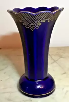 Vtg Echt Cobalt Blue W/Gold Flared Vase Bareuther Waldsassen Handarbeit Germany • $38.74