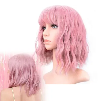 Wave Bob Wigs With Bangs Shoulder Length Women Curly Wavy Pink Cosplay Wig Cos • £6.69