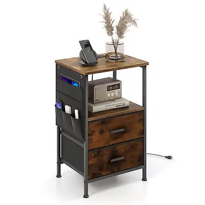 Nightstand With Charging Station Industrial Bedside Table With 2 Drawers • $52.95