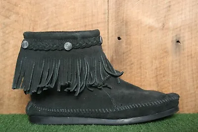 MINNETONKA Black Suede Fringe Rear Zip Ankle Moccasin Boots Women's Sz. 8 • £28.67