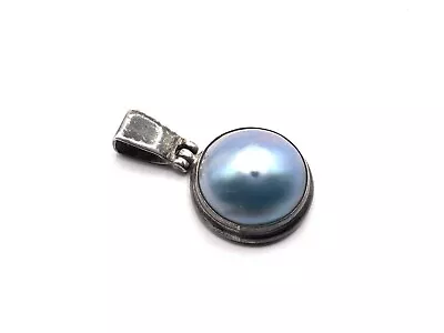 Vintage Sterling Silver 925 Blue Mabe Pearl Cabochon Drop Pendant (5.4g) • $8.99