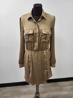 Dress Marciano LA BNWT Shirt Short Brown Military Buttons Pockets T2490 R4337 • £12.99