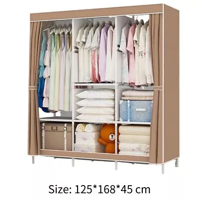 Heavy Duty Fabric Canvas Wardrobe Clothes Cupboard Hanging Rail Shelving Storage • £21.56