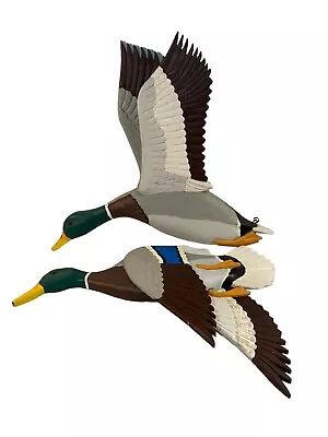 Wood Carved Flying Mallard Ducks Hand Painted Signed E.E. Pettis 1999 • $48.99