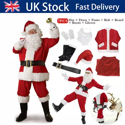 7Pcs Santa Claus Costume Father Outfit Christmas Flannel Suit Mens Fancy Dress • £25.39