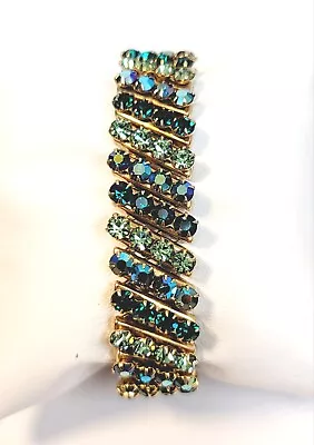 Vintage Japan Criterion Green AB Rhinestone Expansion Bracelet  Peacock • $32.99