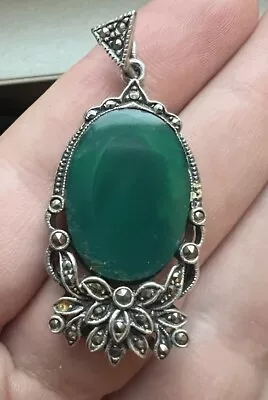 Vintage Sterling Silver Green Agate Marcasite Art Deco Pendant 1.75” • $24.99