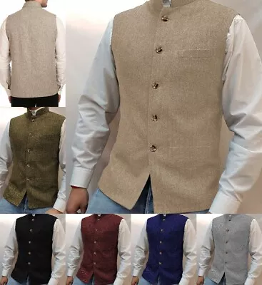 Formal Mens Stand-Up Collar Vests Tweed Waistcoat Herringbone Wedding Retro Wool • £19.19