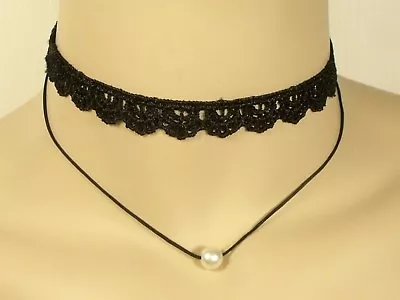 Vintage Black Lace Choker W/ Faux Pearl Necklace 12 1/2  With 2 1/2  Extender  • $14.07