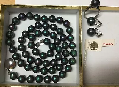 Majorica  Pearls - Peacock Color Necklace W Matching Earrings & Ring Size 6.5 • $129.99