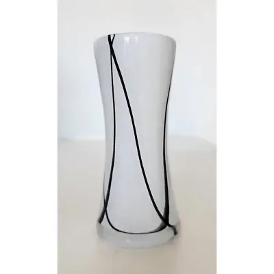 Venetian Cased Art Glass White Decorative Vase Abstract Black Lines 6 1/4  Tall • $24.95