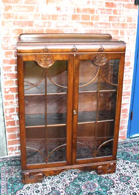 English Antique Oak Art Deco Glass Door Bookcase / Display Cabinet • $1750