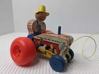 Fisher Price Pull Toy Tractor Farmer 1960's Wooden Plastic # 629 Vtg Works Well • $10.62