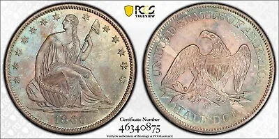 1860-o Liberty Seated Silver Half Dollar Pcgs Ms64 Wb-105 Repunched Mint Mark • $2100