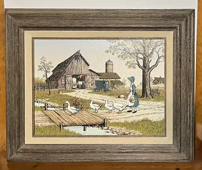 VINTAGE C. Carson Signed Canvas Print Folk Art Framed 23x19 Girl With Geese Farm • $23.28