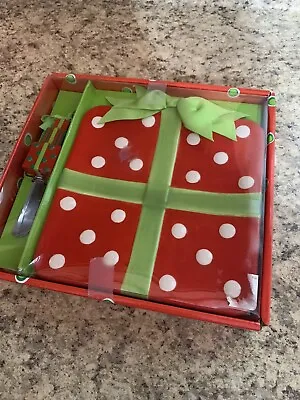 Mud Pie Brand Christmas Polka Dot Wrap Gift Cheese Dish N Gift Stacked Spreader • $19.99