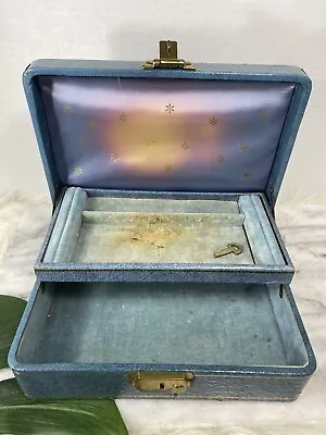 Vintage Jewelry Box Blue Mid Century 60s Gold Snowflakes 2 Tiers Velvet W/ Key • $21