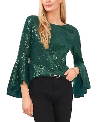 Vince Camuto Women's Metallic Knit Flutter Sleeve T Arresting Emerald Top • $19.55