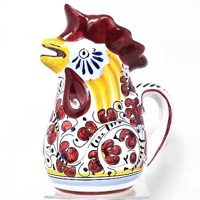 FIMA DERUTA Italy RED ROOSTER Pitcher HAND PAINTED Majolica 9  Tall • $34.99