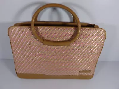 David Jones Tote Shoulder Handbag Tan Vinyl & Woven Pink Design • £7.50