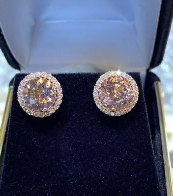 Morganite 2Ct Round Lab-Created Diamond Halo Stud Earrings 14K Rose Gold Plated • $69.99