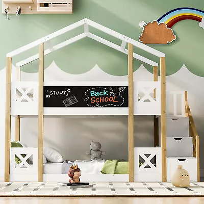 Twin Over Twin House Bunk Bed With Roof And Blackboard With Storage Staircase • $499.86