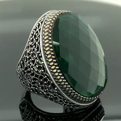 Mens Handmade Ottoman Ring  Large Emerald Stone Ring  Green Stone Ring • $105