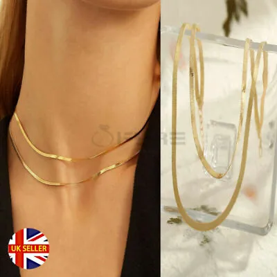 £4.99 • Buy Women Fashion Necklace Choker Double Layered Flat Herringbone Snake Bone Chain