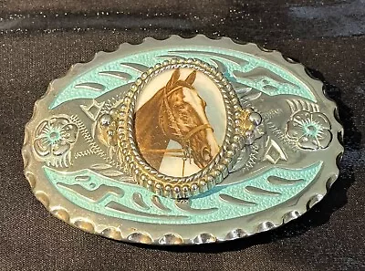 Vintage Nickel Silver Belt Buckle Horse Western With Faux Turquoise • $16.50