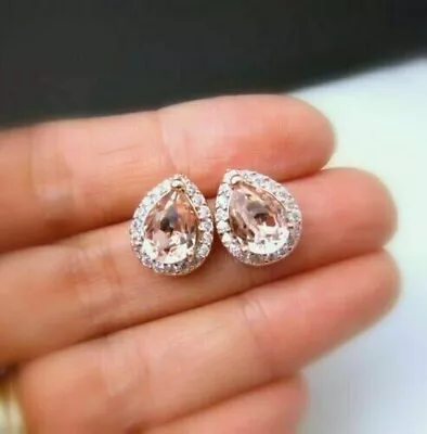 2CT Pear Lab Created Morganite Halo Stud Earrings 14K Rose Gold Plated Silver • $84