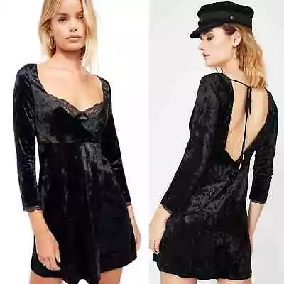 Free People $128 Kat Velvet Long Sleeve Mini Black Dress XS NWT • $14.99