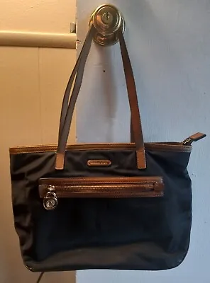 Michael Kors Black Nylon Brown Leather 'Kempton' Tote Shoulder Bag Handbag Purse • $28