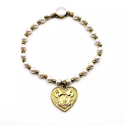 Disney Avon Bracelet Gold Toned Heart Mouse Head White Bead Center Bow Spacer 6  • $19.97