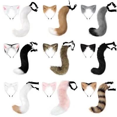 Faux Fur Fox Wolf Ears Headband Furry Long Tail Anime Cosplay Halloween Costume • $9.69