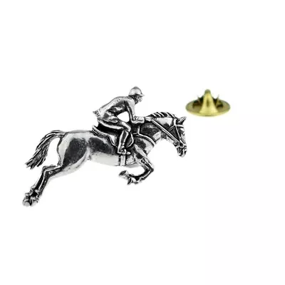 New Horse And Rider Show Jumper Jockey Pewter Badge Tie Pin Spring Pin Lapel • £4.29