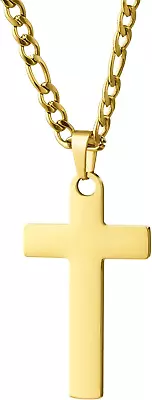 18K Gold Filled Cross Necklace For Boys Stainless Steel Figaro Chain Silver Blac • $19.99