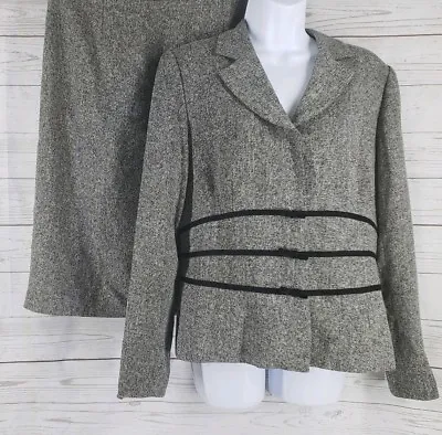 Studio I 12 Skirt Suit Set Gray Tweed Velvet Bow Career Work Jacket 2 PC • $30