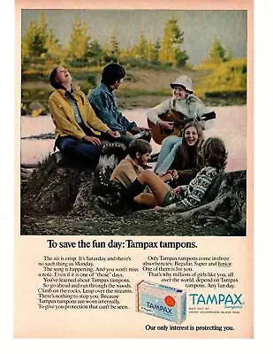$9.95 • Buy 1972 Tampax Tampons Palmer Mass Camping Guitar Lake Camp Laughing Print Ad