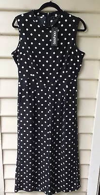 Boohoo Black Jumpsuit NWT White Polkadot 14 L Wide Leg Band Collar • $33