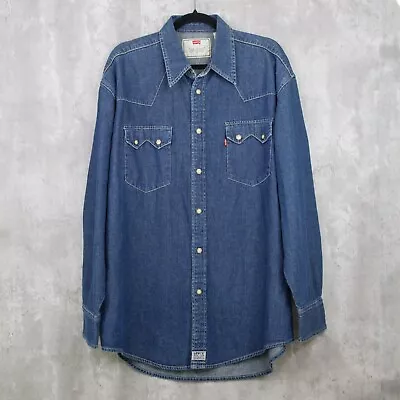 VTG Levis Shirt Mens Large Blue Denim Western Pearl Snap Long Sleeve Sawtooth • $19.99