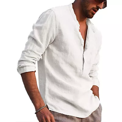 Mens Henley Cotton Linen Shirts Soft Casual Long Sleeve V Neck Solid Button Tops • $26.41