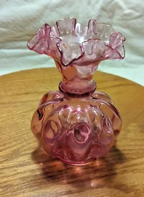 Vintage Fenton Cranberry Melon Vase Glass With Ruffled Edge 5  READ • $10.99