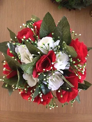 Memorial Grave - Cemetery Pots With Artificial Flowers - Red&WhiteRoses With Gyp • £12.99