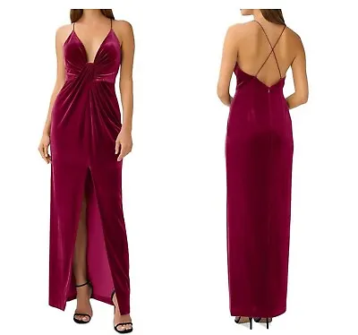 NWT Aidan Mattox V Neck Twist Front Gown Magenta Velvet Open Back Plunge 0 XS • $150