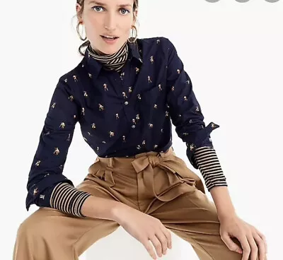 82. J. Crew Women Classic Fit Cotton Shirt Navy Blue Brown Dogs 6 NWT • $59