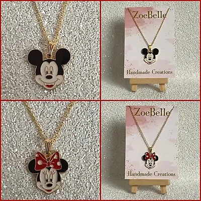 Cute Mickey Or Minnie Mouse Enamel Pendant Necklace Charm & Gift Bag UK Seller • £3.99